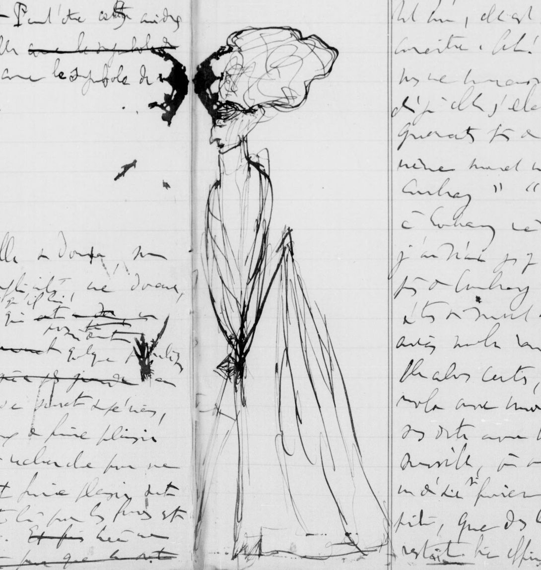 Dessin / croquis de Marcel Proust dans le Cahier 50, BNF Gallica : La femme de chambre de la baronne Putbus
