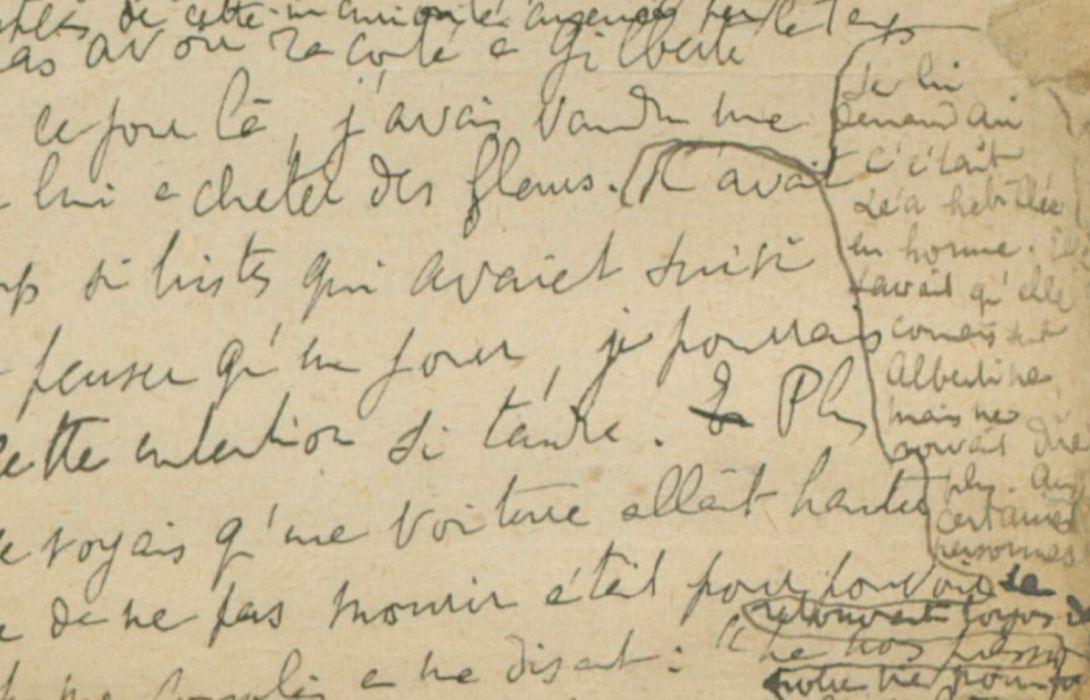 Esquisse - C’était Léa habillée en homme - Marcel Proust, Albertine disparue, manuscrit Cahier XV, f ̊ 73 r ̊, rédaction marginale - BNF Gallica